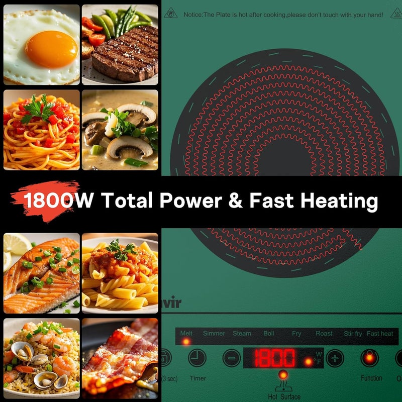 Traenvir Single Burner Electric Cooktop, Portable Ceramic Stove 1800W, One Burner Electric Cooktop with Touch Control, Child Safety Lock, 4 Hour Timer, Overheat Protection, 110V-120V Plug in, Green - Image 4